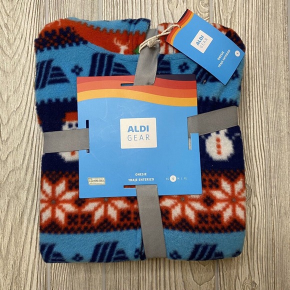 Aldi Gear ‘23 Holiday One Piece Hooded Zip Pajama Unisex S Dark Blue Logo New - Picture 2 of 5